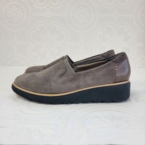 Clarks Sharon Dolly Slip On Suede Wedge Loafer Womens Sz 7.5 M Gray Shoes